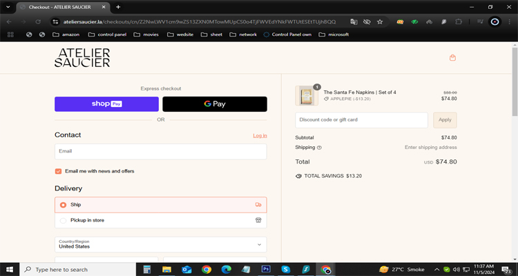 A screenshot of the ateliersaucier checkout page with a working discount code
