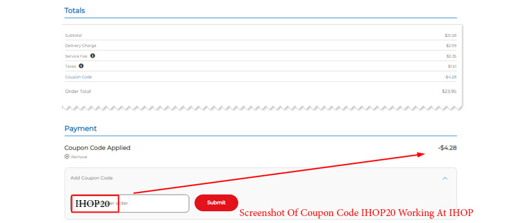 A screenshot of ihop checkout page showing a working coupon code 
