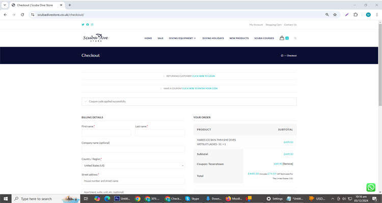A screenshot of Scuba Dive Store Uk checkout page of working coupon code 