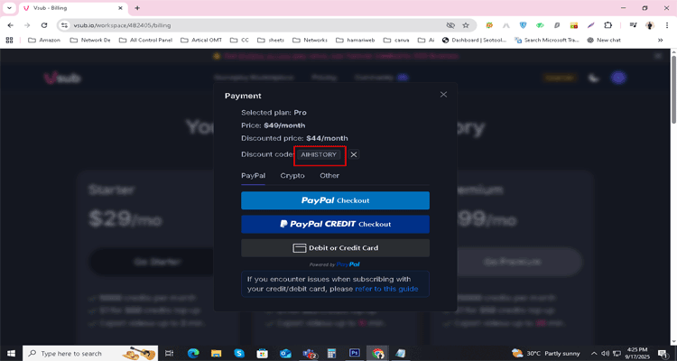 A screenshot of vsub checkout page with a working discount code